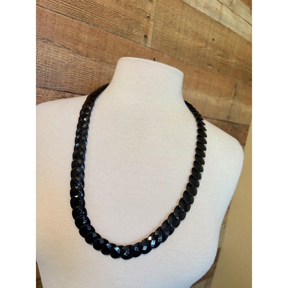 Vintage Black Faceted Disc Beaded‎ Necklace Long Strand 30 Inch Geometric